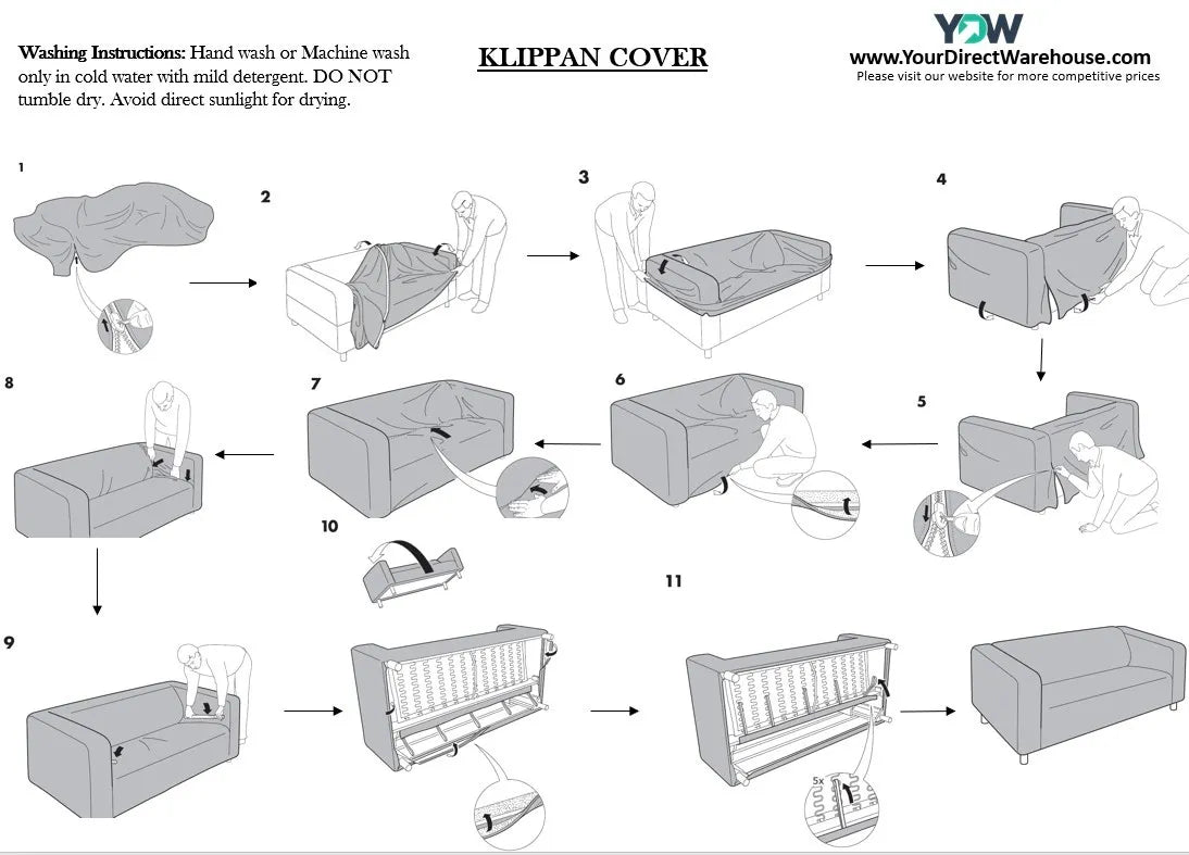 How to install instructions for IKEA Klippan 2-seater Sofa Cover replacement in plush  velvet fabric for loveseat slipcover