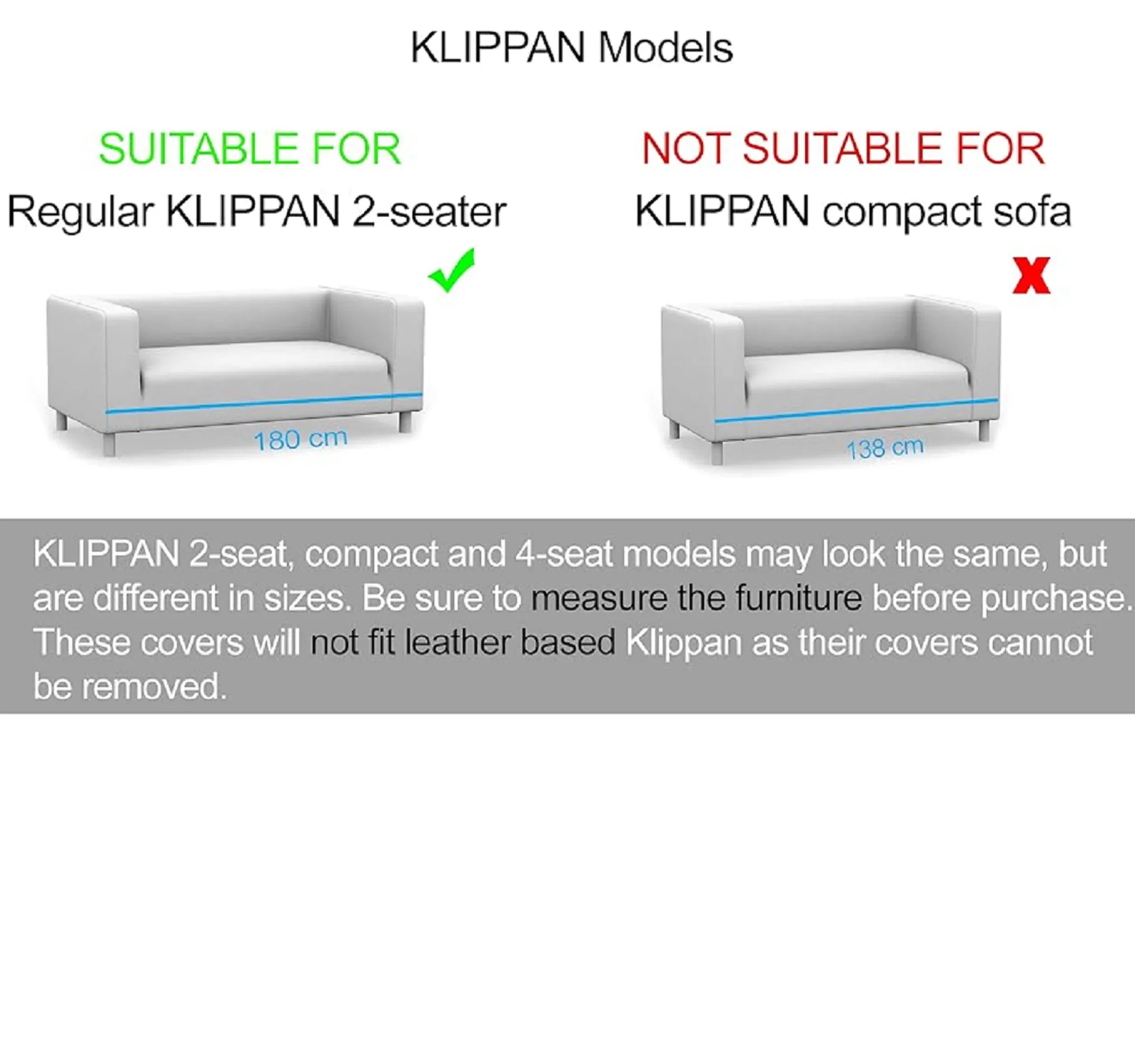 Size comparison guide for IKEA Klippan 2-seater Sofa Cover replacement for loveseat